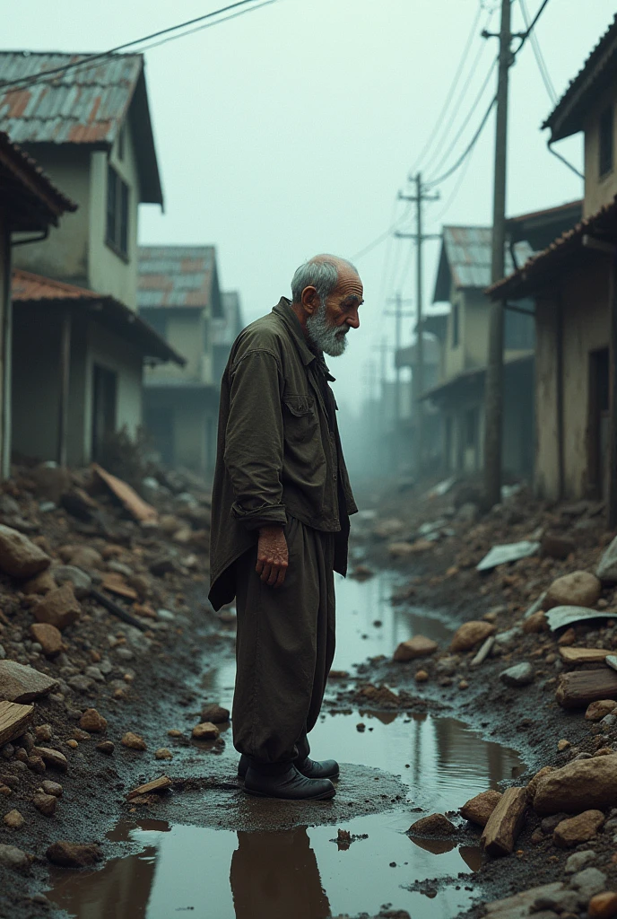 Flood affected areas house old man sorrow scenery 