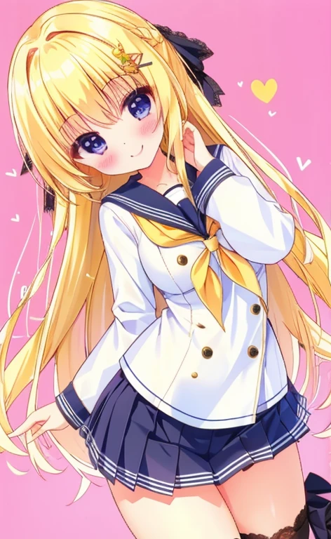 Beautiful long blonde Wink with a mischievous smile Girl in a sailor suit Pleated skirt mini skirt Long sleeve Bending down to pick up something that was dropped Small breasts Black panties with lace Low - Angle