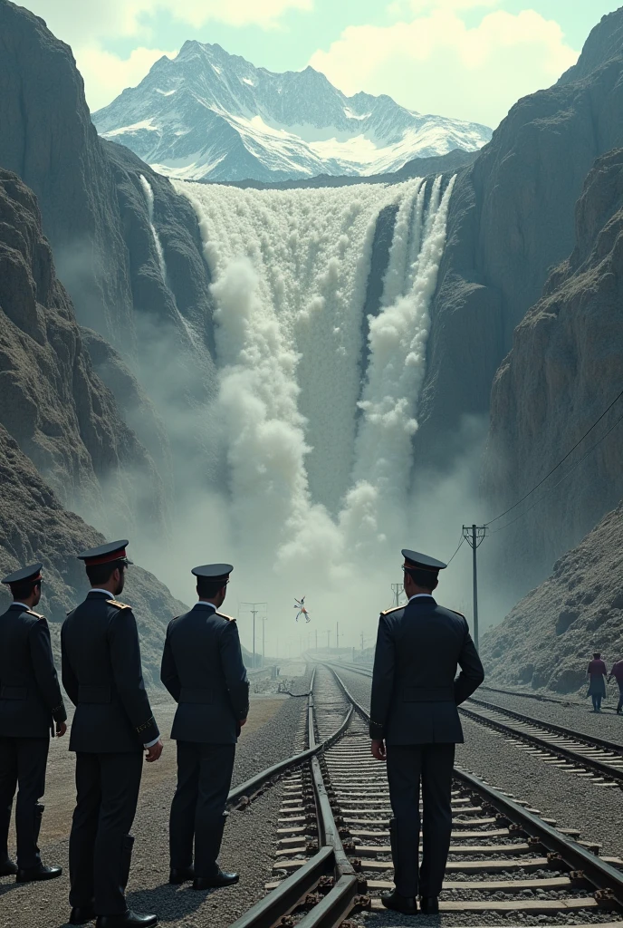 I want photo of a landslide where all raiway officers look helpless