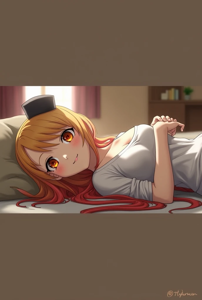 Marin Kitagawa long blonde hair with red streaks with her lower half being Makima from Chainsaw man red hair orange spiral eyes, both girls blushing