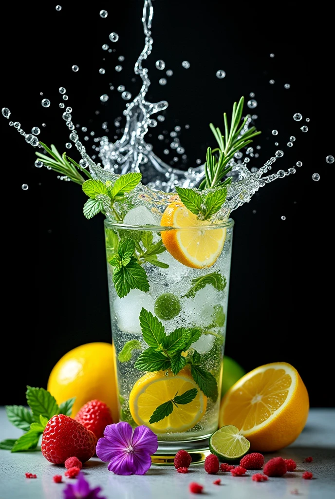 (Movie-like photos:1.3) of (Realistic:1.3) a studio shot of a (explode:0.2) (Low gravity of fruit:1.1) (Splash:0.9) A glass of water with lots of herbs, ミントとbasilとrosemary、Contains lemon and lime, Splash Image, Full Color, In Kamba, splashes of liquid, Drink, Mint and basil and flower, Next to lemon and lime and flower, Strong colors, ticker, Invoking joy, Water swirls, Fred Marcellin, Top selection when splash is removed, professional food photography, Artistic photography. Black background,Red and purple flowers on the table、basil、rosemary、Herbs fly、Sparkling ice in a glass,Ice in a glass、Flowers in a glass,Strong splash