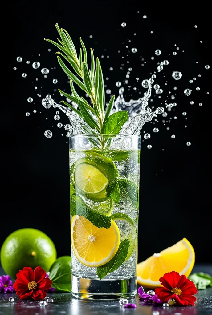 (Movie-like photos:1.3) of (Realistic:1.3) a studio shot of a (explode:0.2) (Low gravity of fruit:1.1) (Splash:0.9) A glass of water with lots of herbs, ミントとbasilとrosemary、Contains lemon and lime, Splash Image, Full Color, In Kamba, splashes of liquid, Drink, Mint and basil and flower, Next to lemon and lime and flower, Strong colors, ticker, Invoking joy, Water swirls, Fred Marcellin, Top selection when splash is removed, professional food photography, Artistic photography. Black background，Red and purple flowers on the table、basil、rosemary、Herbs fly、Sparkling ice in a glass，Ice in a glass、Flowers in a glass，Strong splash