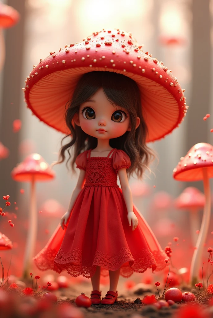 Small size red mashroom girl light white douts and red colour dress