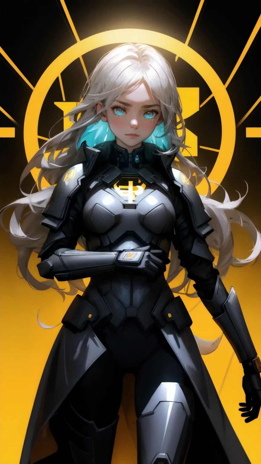 A powerful, intense scene featuring a beautiful, determined girl in a futuristic armored suit, her eyes glowing with fierce resolve. She stands amidst a chaotic, dystopian cityscape, clutching a glowing Bitcoin emblem on her chest, representing 'Satoshi's Lost Wallet.' Tears of liquid light stream down her face as she channels immense energy, her surroundings illuminated by a vibrant yellow background that contrasts with the dark city. The yellow hue symbolizes the lost hope and the overwhelming pressure of the crypto world, with Bitcoins and dollar symbols floating around her, emphasizing the weight of the treasure she holds.