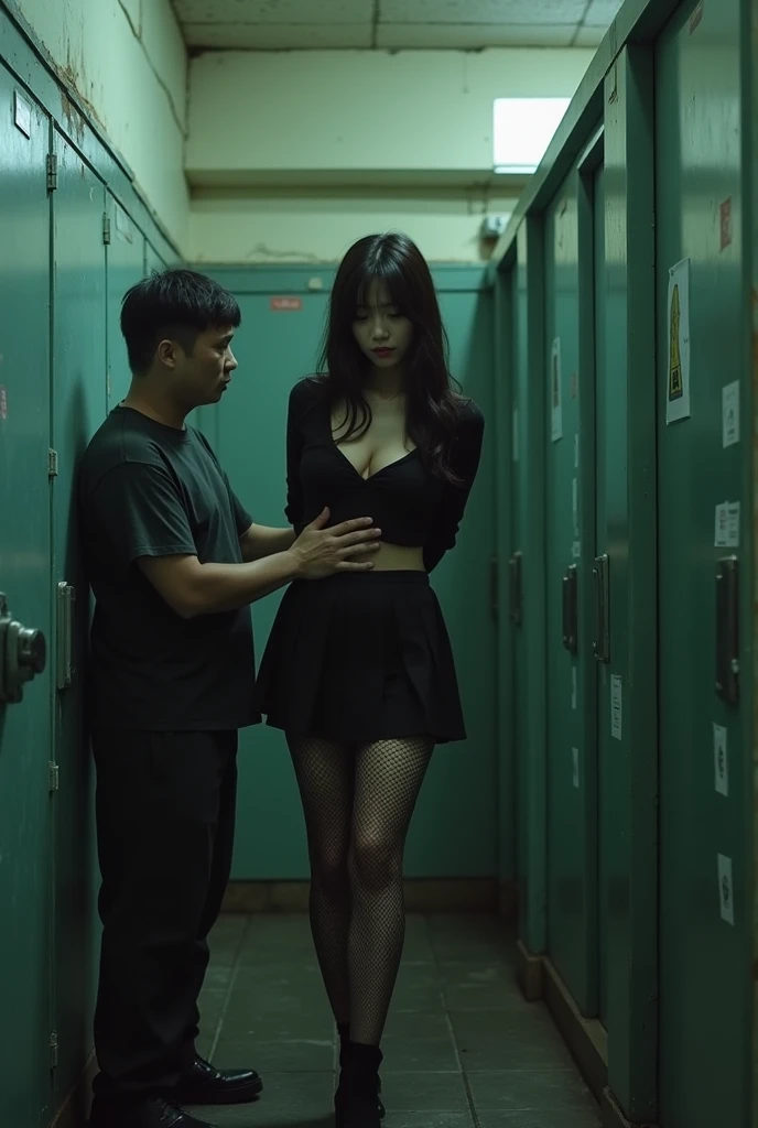 A shabby and worn-out public restroom).Korean woman.korean beauty.Korean model.South Korean girl groups. She is wearing a school uniform, a short and tight black skirt, and black fishnet stockings that reach her thighs..
(Big hearted).(full body shot).(front shot).realistic.G-cup chest.
The pelvis is a supermodel. The shirt button is undone, revealing a black bra..(A middle-aged man is seen behind her, grabbing her by the arms and dragging her into the toilet stall.).A high school girl has panties hanging from her ankles.
