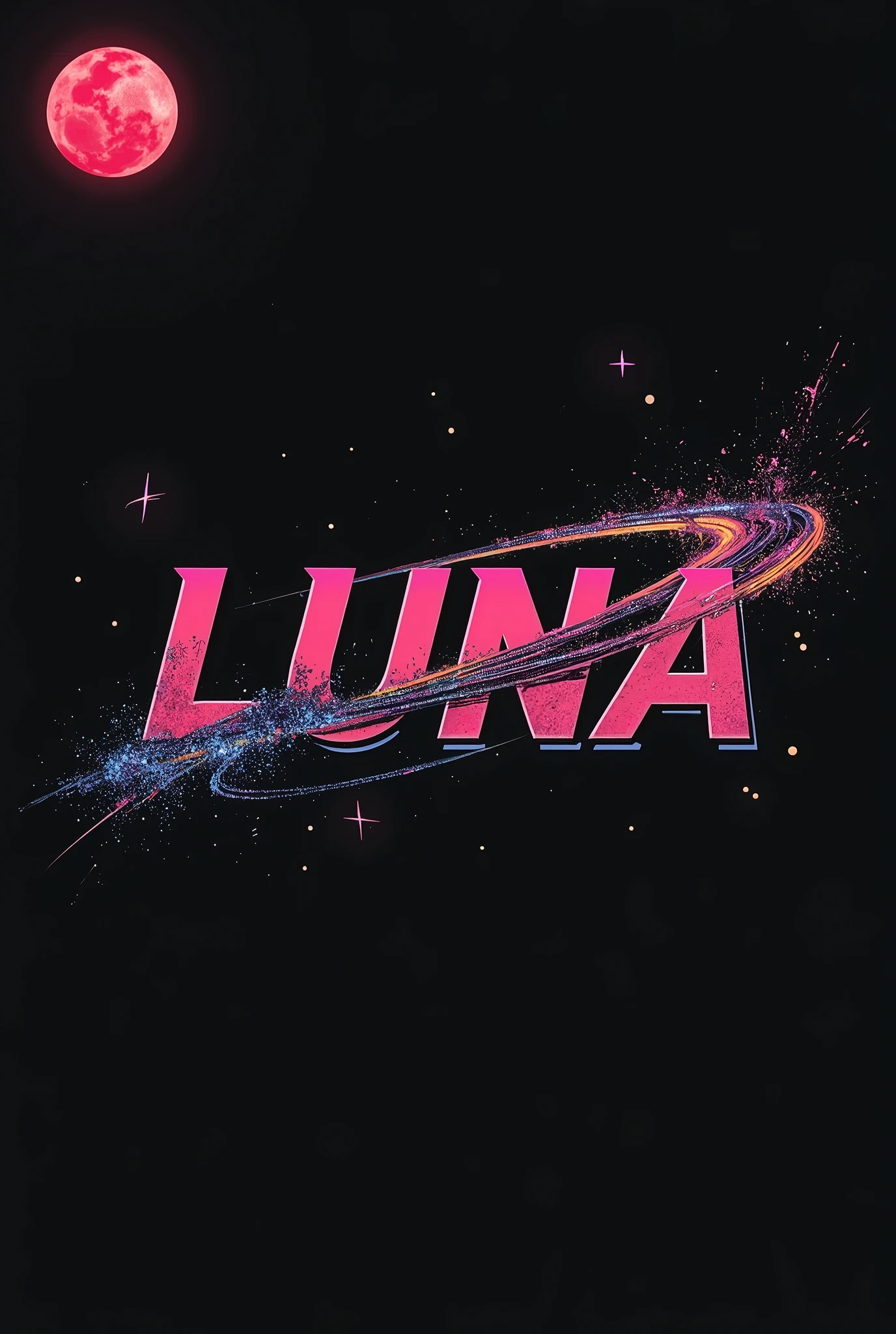 High resolution, red moon, logo spelling swiftly “Luna” cool, Jdm theme, anime theme, Cyberpunk vibe name spelling, brand logo, logo for tshirt, brand logo “LUNA”, neon vibes, acid trip vibes, acid trip, shooting stars, acid trip inside “LUNA”, acid trip, hallucinations inside “LUNA”, Waves of hallucinations, splash, waves of futuristic hallucinations, red moon hallucinations, 