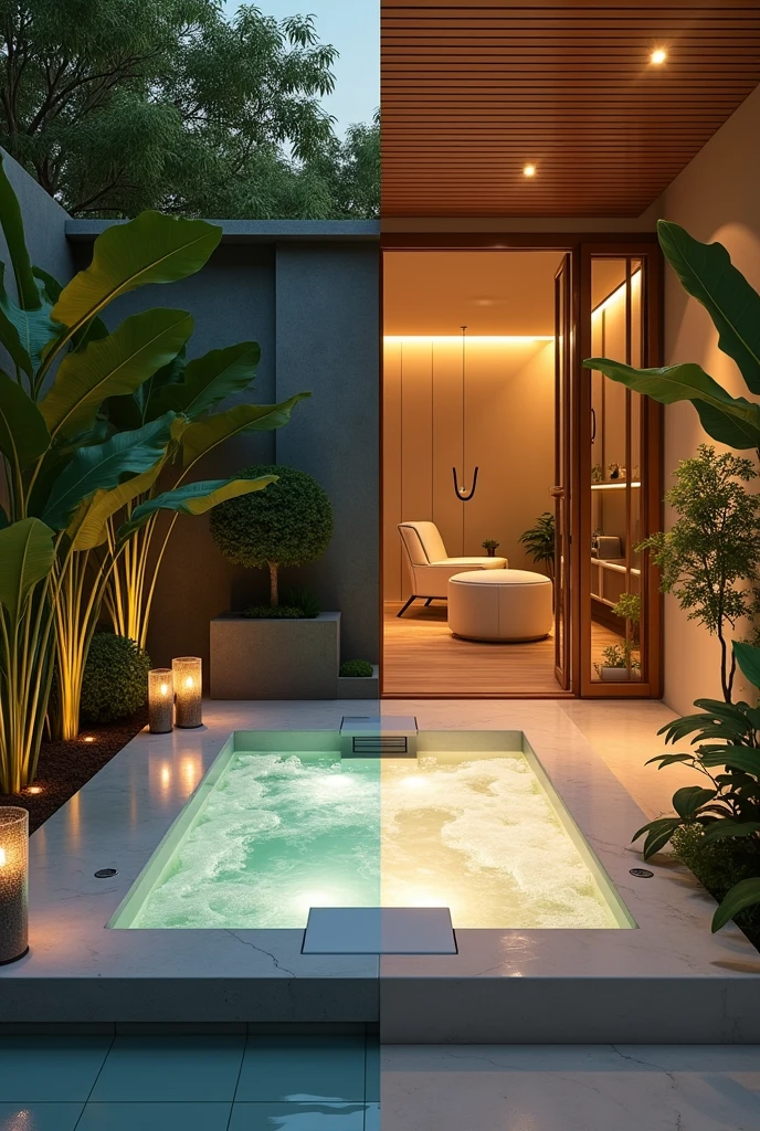 d'un côté, un jacuzzi moderne avec des bulles chaudes et accueillantes sous un éclairage doux, et de l'autre, un espace de détente minimaliste et élégant sans jacuzzi, le tout entouré de verdure et de décorations raffinées. L'image doit être visuellement divisée pour mettre en avant la comparaison entre profiter d'un jacuzzi et se détendre sans. Les couleurs doivent être chaudes et attrayantes, parfaites pour un sondage sur Instagram

