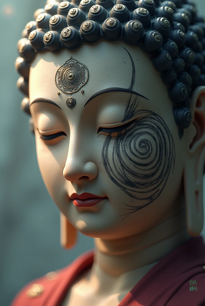 Buddha with Sasukecursed mark face fully realistic looks