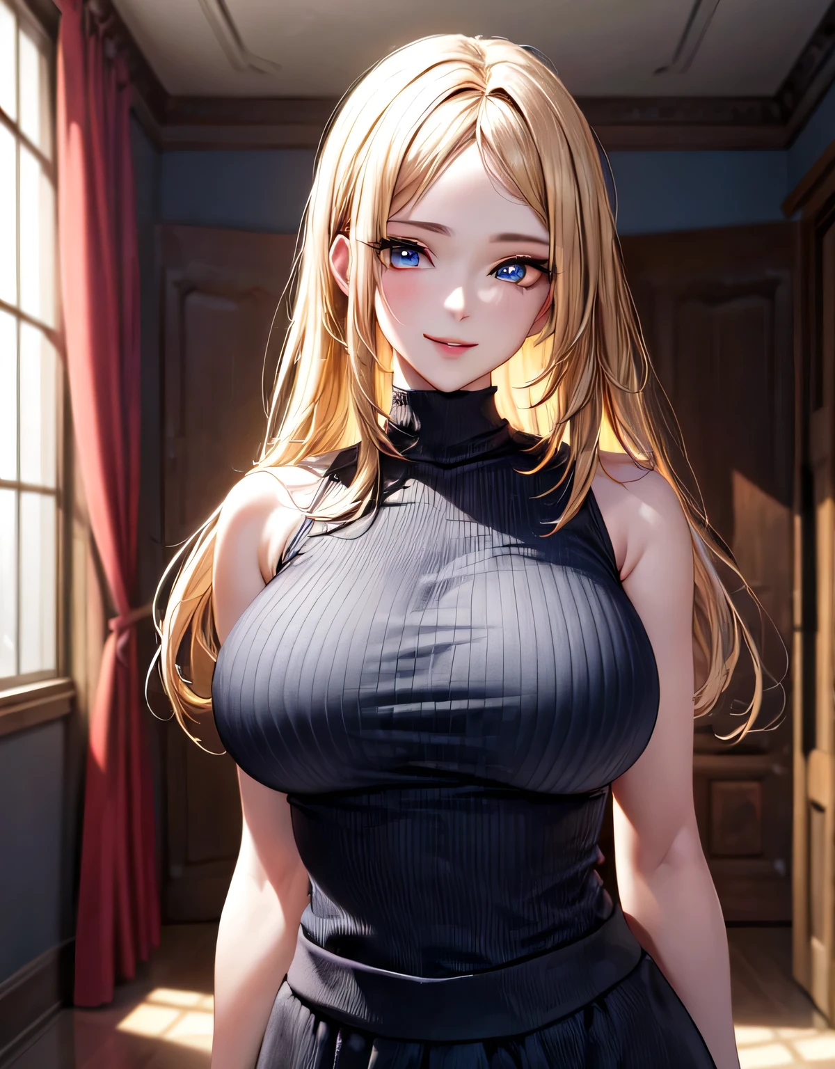 (forehead:1.1),sidelocks,blonde hair,yellow hair,(semi-long hair),indoor room,(dark blue eyes),lips,sleeveless sweater,skirt,smile,shiny skin,(large breasts:1.55),(shiny,hair),((solo)),((masterpiece)),((best quality)),perfect anatomy,slim waist,perfect image,8k UHD,(beautiful detailed eyes:1.5),extremely detailed face,standing,(upper body:1.25),(look at the front:1.5),(arms behindback),ultra-detailed,absurdres,highres,