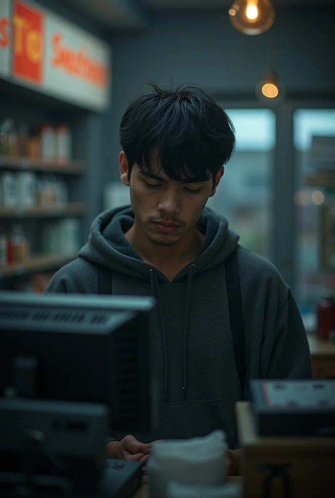 Young man who is depressed very sad at work behind the cash register at the store
