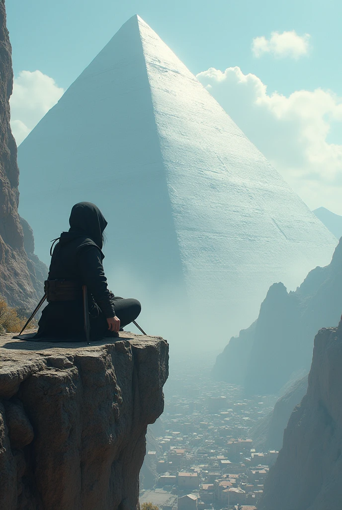 Hyper realistic, Ultra Detail, Best Quality, An Assasin Girl squat in the edge of cliff with double dagger in her back waist, looking from a far away distance a Gigantic Pyramid. The Pyramid is super bright white and it size is ten times bigger than everest mountain, below pyramid is tiny town with heavy population.