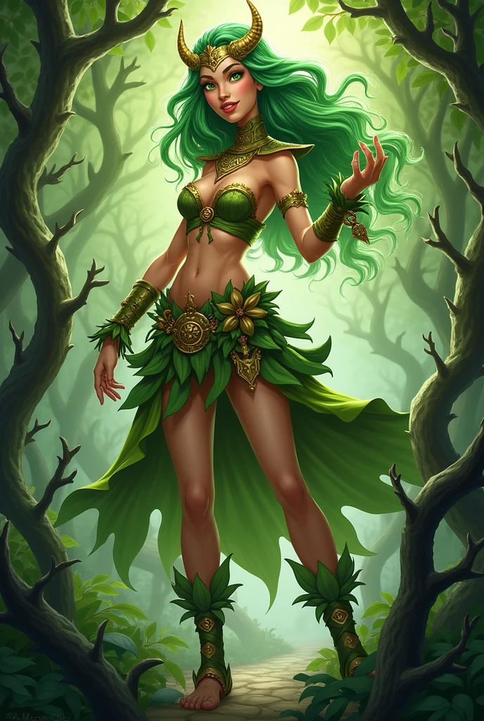 A female sadida from dofus, with tanned skin and green hair. She must be dressed (pas en sous-vetements) and have brambles