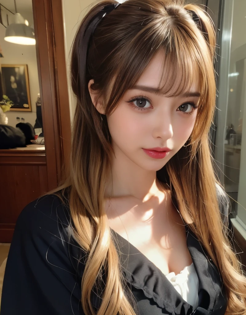 Tabletop、(masterpiece:1.3), (8k, Photorealistic: 1.4, RAW Photos, Best image quality: 1.4), Japanese Idols、Super detailed face、Attention to detail、Genuine、 double eyelid、Big and attractive eyes,Perfectly beautiful eyes、 Sharp focus:1.2、Beautiful woman:1.5、Light blonde、 Highest quality、masterpiece、Ultra-high resolution、Depth of written boundary、Perfect Shadow、(Photorealistic:1.4)、 Highly detailed and professional lighting、Full body view、 Perfectly shaped、Symmetrical face、beautiful girl,Sharp focus, Perfect Anatomy,Moist eyes、Glossy lips、Realistic Light、Frilled dress、Kabukicho、Twin tail hair、big black ribbon in hair、