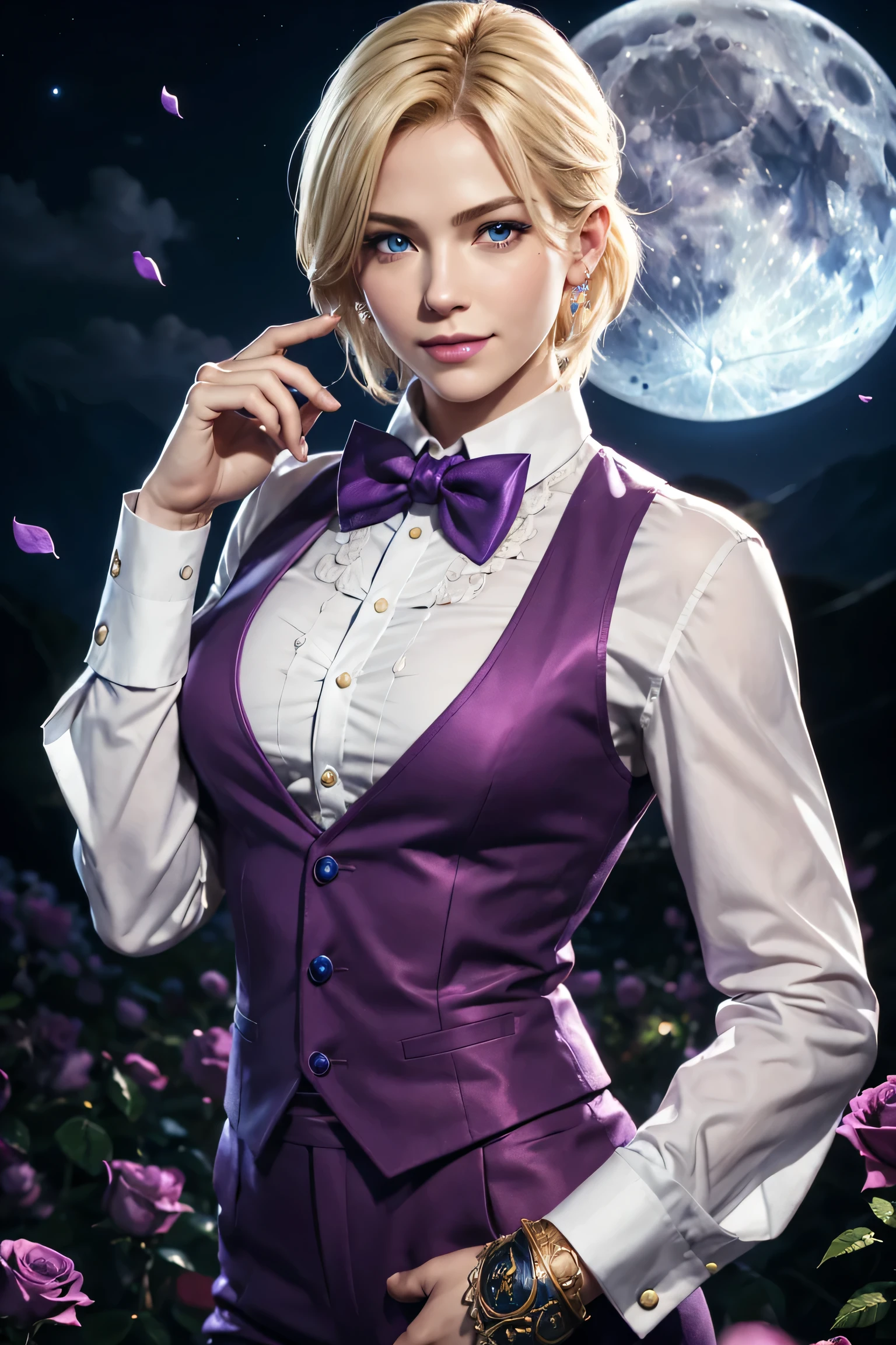 KOF,King of Fighters,King,Blue Eyes,Blonde Hair,Medium Hair,White long shirt,Purple vest,A bow tie,Beautiful white skin,Photorealistic,Ultra HD,high quality,masterpiece,Digital SLR,Detailed details,Intricate details,Anatomical basis,Depicted in detail,A detailed face,Realistic skin texture,Vivid details,Perfect Anatomy,Perfect Anatomy,Anatomically correct hand,Anatomically correct fingers,Super Detail,Complex 3D rendering,Sexy pose,Fantasy worldview,Beautiful Full Moon,,Beautiful night sky,Purple rose petals fluttering,Picturesque,Pink Lips,smile,