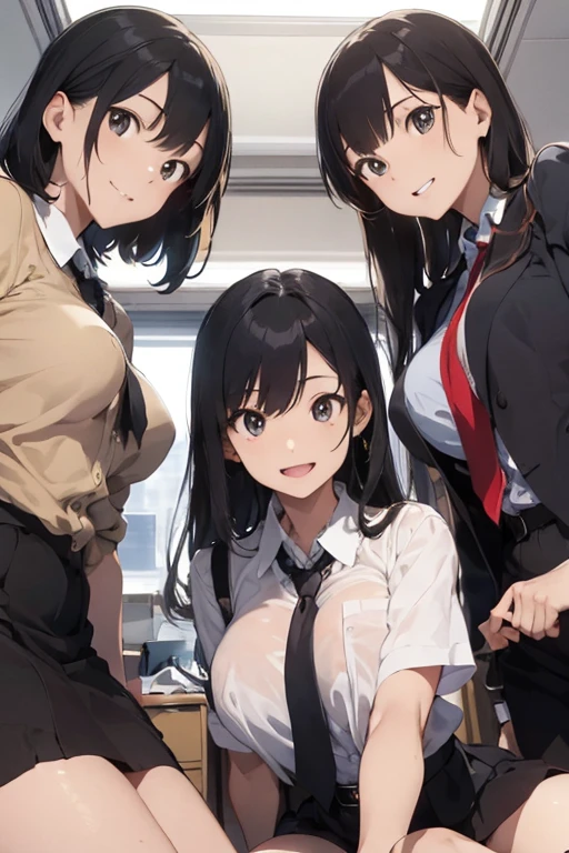 ((Highest quality)), ((masterpiece)), (detailed), 20-year-old、office、Three sexy women in businesswoman outfits, looking at the camera, Captivating smile, Close up face portrait, View from below、Beautiful breasts、Slut、Enhance the nipples、Bare chest