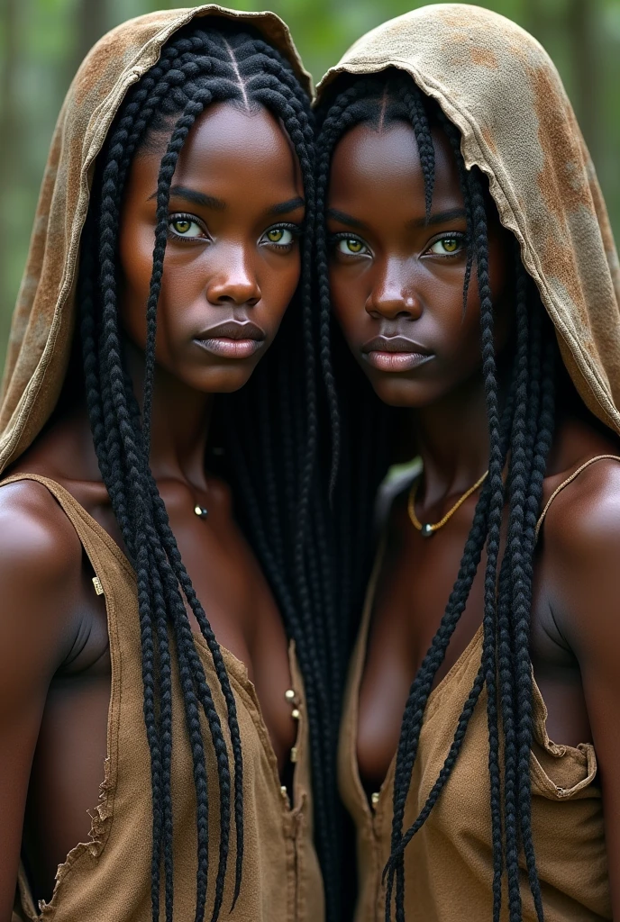 2 girl with really dark skin 
Really dark skin 
Green eyes 
Long hair with African braids 
Using a torn semi-transparent fabric to cover her breasts 
Using a wolf's skin as a hood 
