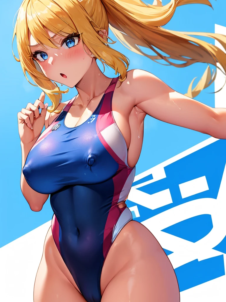 (White background, 1girl:1.4), BREAK,Long blonde ponytail hair, blue eyes,Narrow waist,voluptuous Breasts,(one-piece competitive swimwear,one-piece competition swimsuit:1.6), blush,Open your mouth,(covered nipples:1.2)