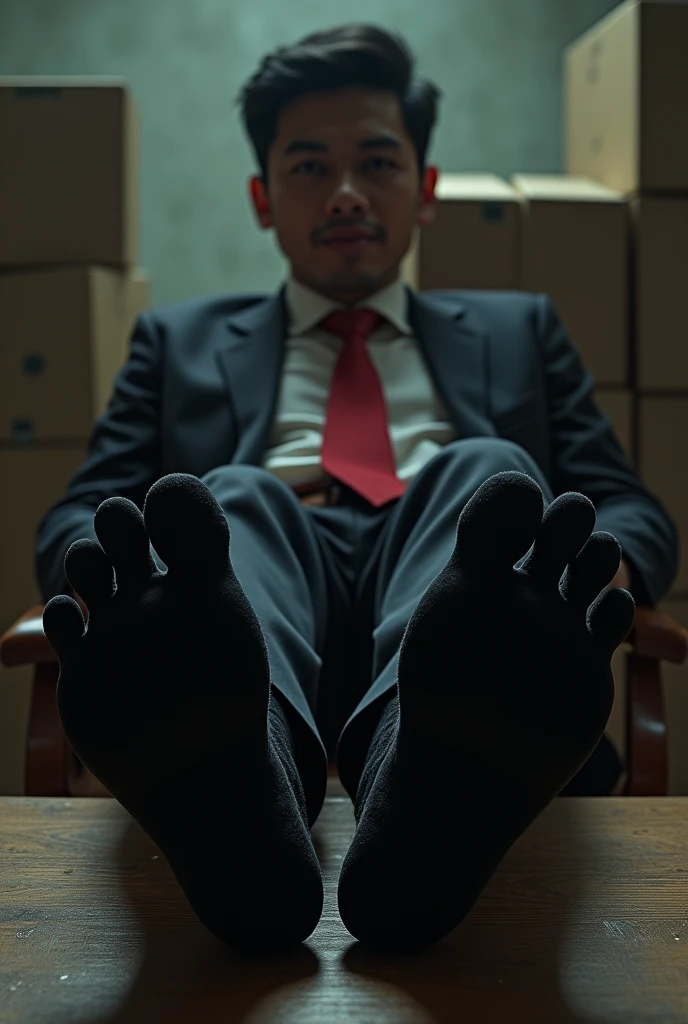 Malay  handsome  man Zarul 25 years university student
Get kidnapped
His hand  abd feet being tied up in warehouse and blindfolded
Black Suit and  Red tie 
Bare feet
feet on desk
5 toes each feet 
He's ticklish
Focus on his feet
A man tickle his feet
Haqiem laugh uncontrollably