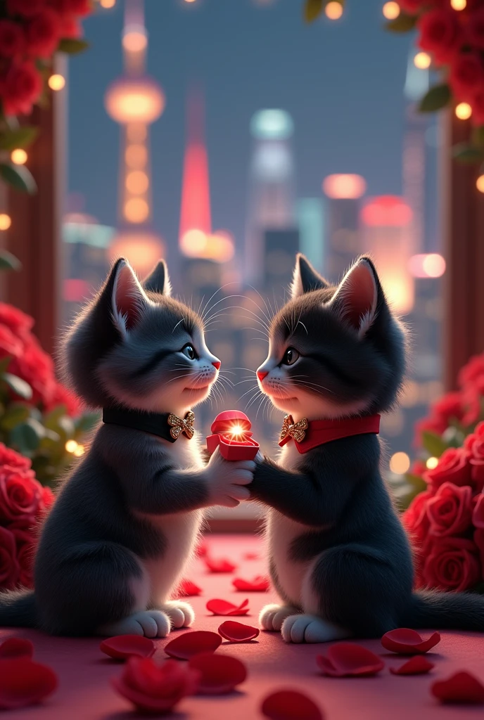 Cute kitten anthropomorphization, beautiful black and white fur, sideways, proposing marriage, slightly formal atmosphere, formal attire, kneeling on one knee and holding out a ring box, surrounded by red rose petals, a bouquet of 100 roses to the side, Shanghai night view in the background,