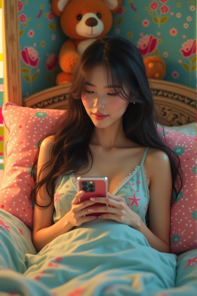 Thai woman, beautiful, playing with mobile phone, colorful bedroom, teddy bear, cute, realistic