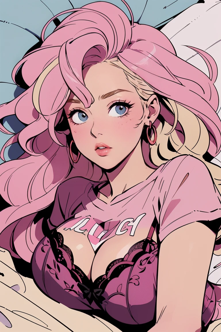 ((masterpiece)), ((Highest quality)), (Very detailed), ((cute)), ((Very detailedな顔)), 4K, (8k), Highest quality, beautiful, (Perfect Face), ((Huge breasts)), ((valley)), ((Blonde long hair)), ((Pink hair long hair)), (((lingerie，T-Shirts))), ，(((Lying in bed)))，((Perfect body))，Embarrassing