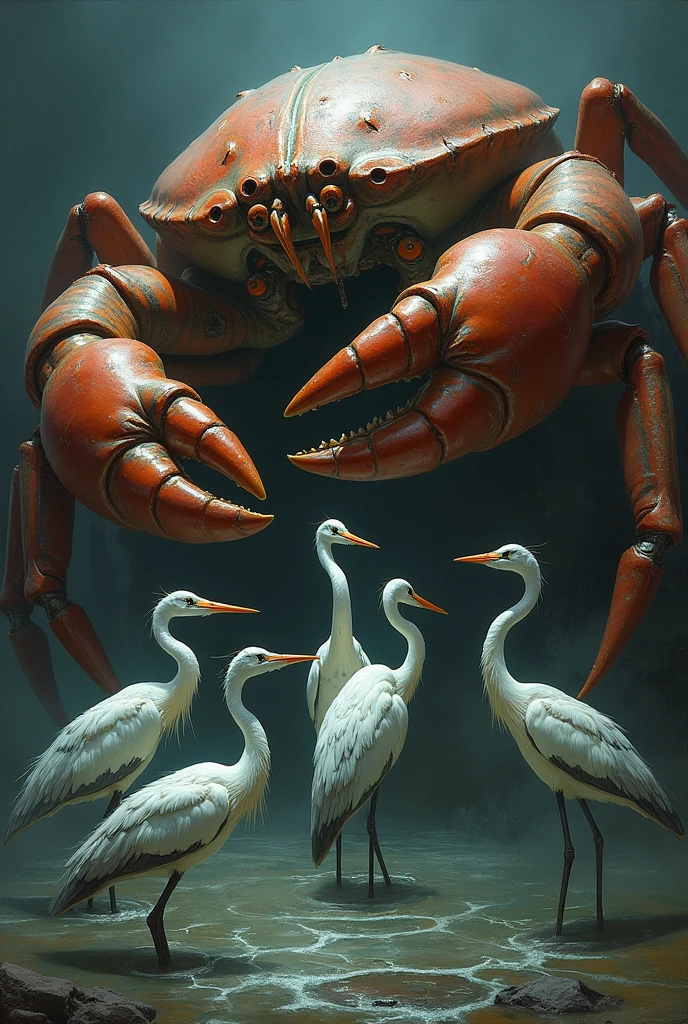 The crab hold the herons in its claws