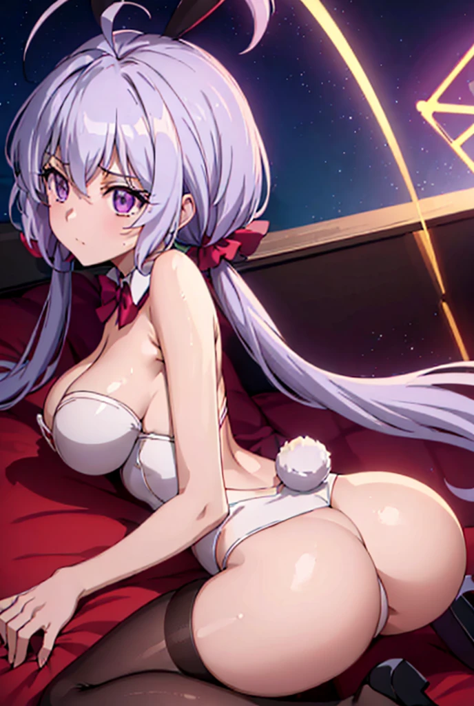 ((masterpiece)), ((best quality)), (high resolution), (illustration), (an extremely delicate and beautiful), (ultra detailed beautiful face and eyes), nsfw,   1girl, leaning forward,  YukineChris, long hair, purple eyes, twintails, low twintails, ahoge, large breasts,  satin playboy bunny, fishnet pantyhose, red a bow tie,  volumetric lightning, detailed skin texture, detailed, volumetric shadow, anime screencap,bukkake, Rabbit、Lying down、Prone、Highest quality, 