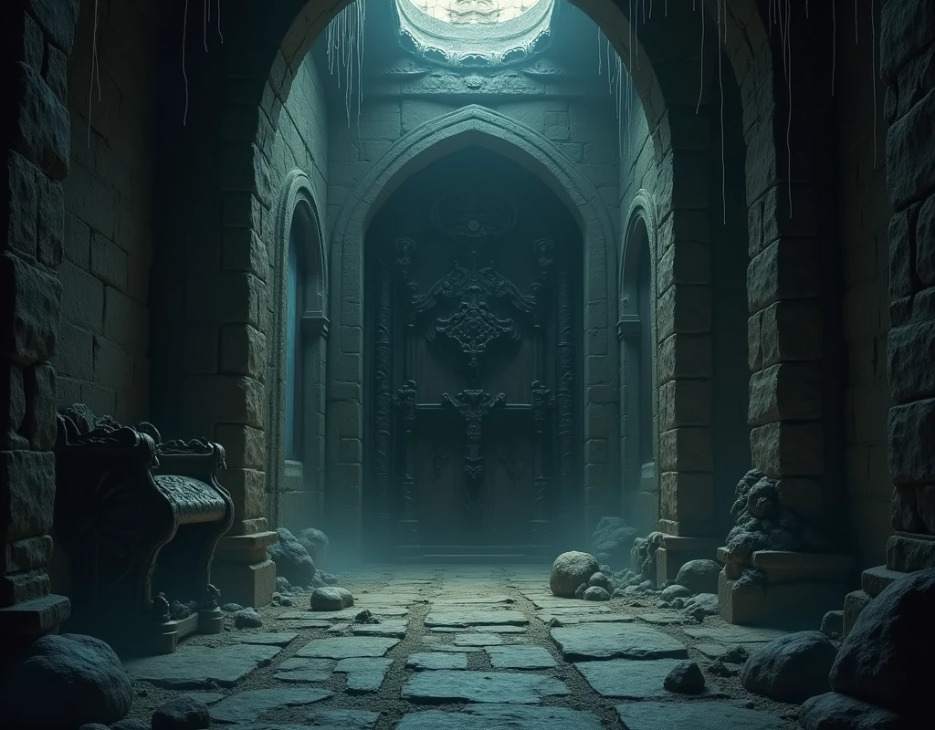 fantasy spooky room with far away closed door