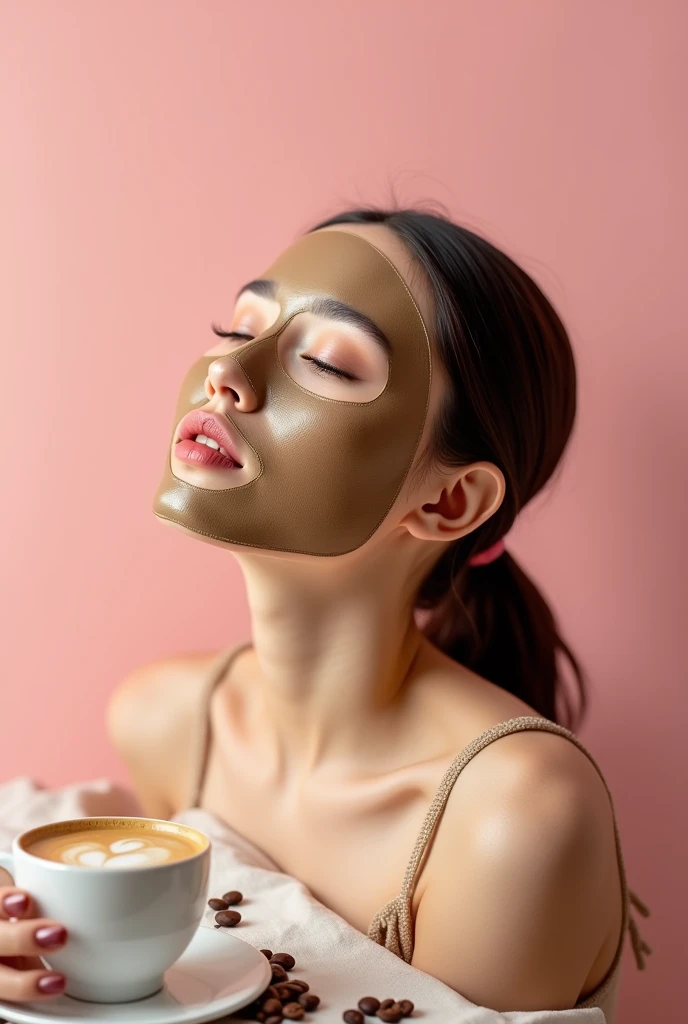 Creative and aesthetic Shoot with pink or white background of female model with props applied coffee face mask. Use props in pictures