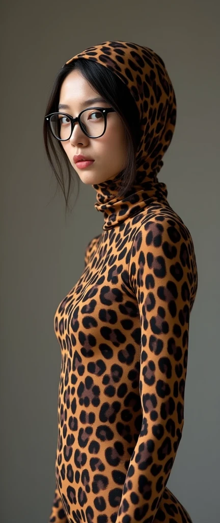 The beautiful and thinest chinese adult woman with glasses brown cheetah animal print lycra elasticity turtleneck unitard catsuit.She always wear hijab-like zentai costume hood made of lycra elasticity.She performs when she is my contortionist.