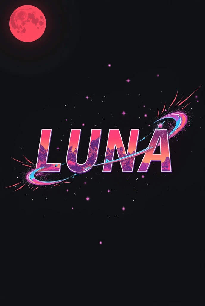 High resolution, red moon, logo spelling swiftly “Luna” cool, Jdm theme, anime theme, Cyberpunk vibe name spelling, brand logo, logo for tshirt, brand logo “LUNA”, neon vibes, acid trip vibes, acid trip, shooting stars, acid trip inside “LUNA”, acid trip, hallucinations inside “LUNA”, Waves of hallucinations, splash, waves of futuristic hallucinations, red moon hallucinations, stars in the background,