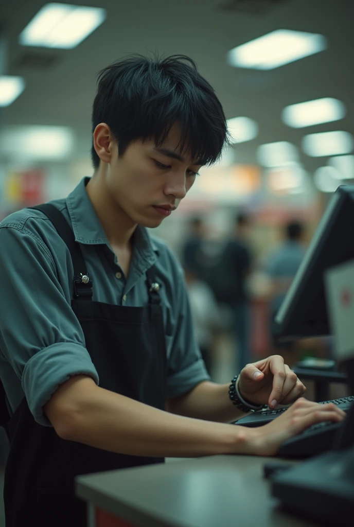 Young man who is depressed very sad at work the checkout at the store