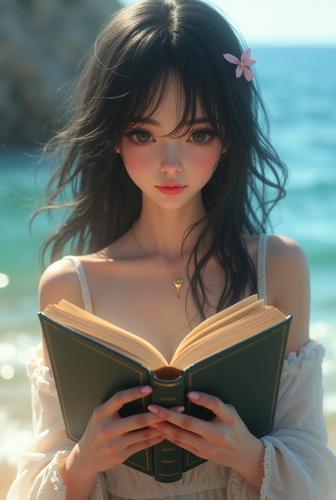 Beautiful girl with black hair and black eyes reading a book at the seaside
