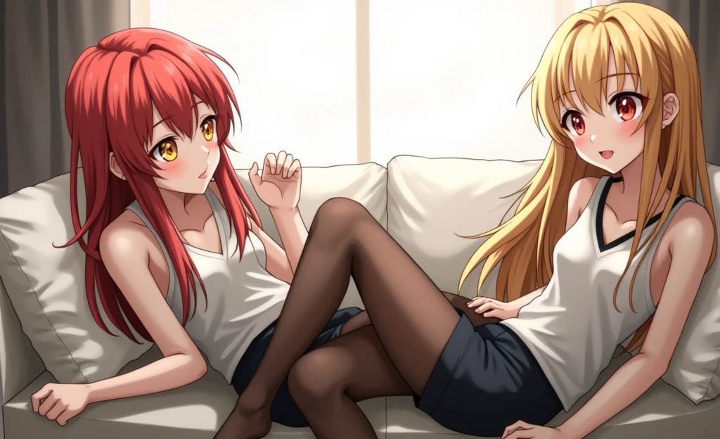 Marin Kitagawa long blonde hair with red streaks with her lower half being Makima from Chainsaw man red hair orange spiral eyes, both girls blushing