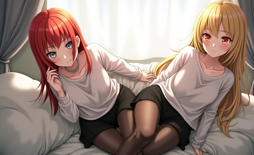 Marin Kitagawa long blonde hair with red streaks with her lower half being Makima from Chainsaw man red hair orange spiral eyes, both girls blushing