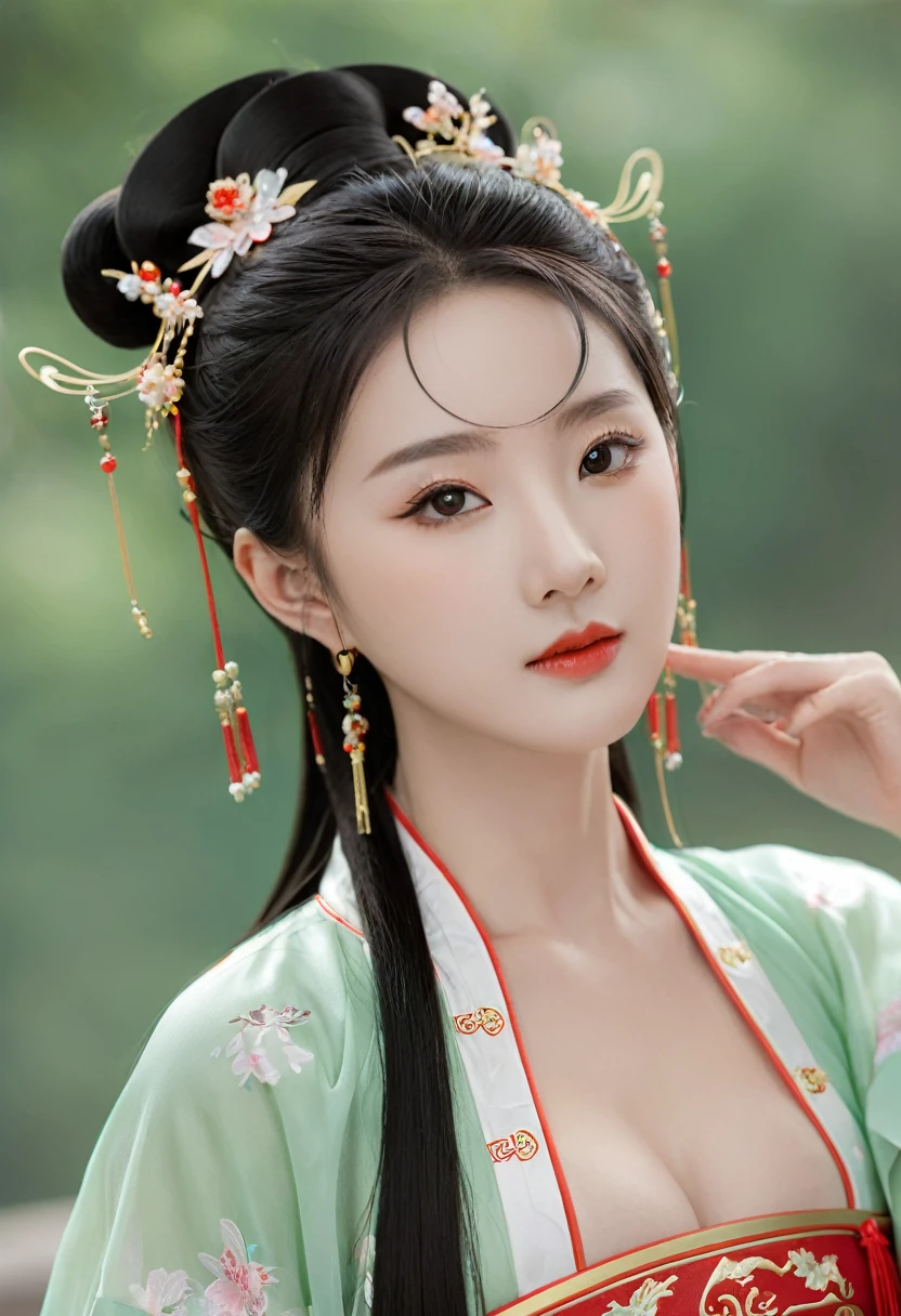 Photographic, Realistic,
Modelshoot, HD,
(Chinese girl), (Chinese model),
upper body, Eyebrows are neatly arranged,
The tip of the chin is rounded,
The forehead is wide, the protrusion is rounded, smooth and beautiful), leg, (Hanfu), queen, Cosplay photo, (huge breast), (bra), looking at viewer