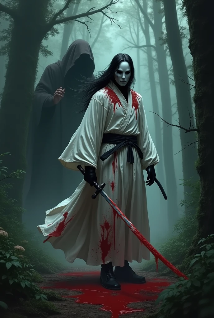 Un homme avec une tenue blanche et un masque blanc de longs cheveux noirs, des gants noirs, recouvert de sang dans une forêt avec une  qui lui tient la main, et dans l'autre main de l'homme un katana 