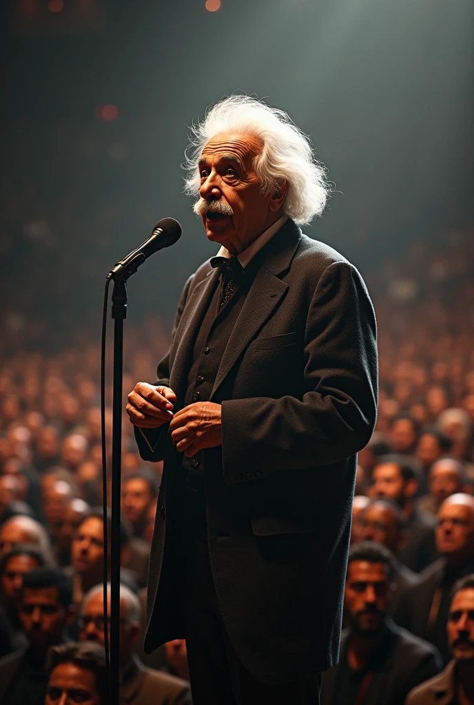Scientist Albert Einstein stands on a stage in the middle of a large crowd and speaks in front of a microphone