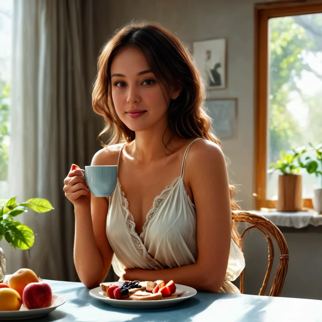  anikaxxx, ultra-realistic, woman eating breakfast at a sunny kitchen table, wearing a light summer dress, morning sunlight streaming through a window, relaxed and happy, holding a coffee cup, plate with fruits and toast, detailed skin, photorealistic.