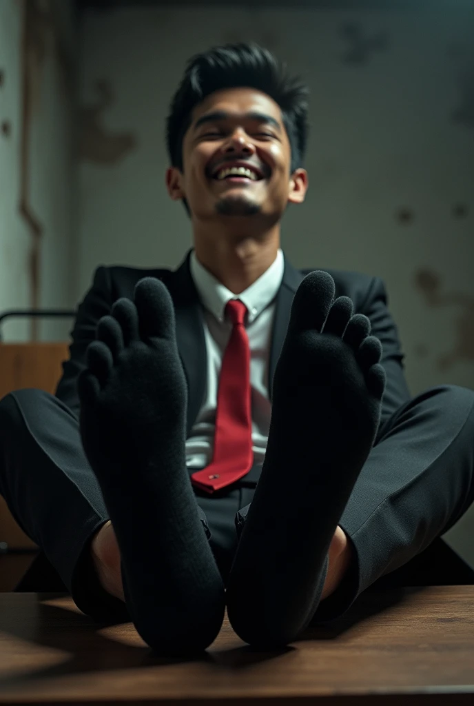 Malay handsome man Zarul 25 years university student
Get kidnapped in warehouse and Haqiem feet tied up and get blindfolded
Haqiem’s hand tied up
Black Suit and Red tie
Black sock
feet on desk
5 toes each feet
He's ticklish
Focus on his black sock feet
A man tickle his feet using feathers
Haqiem laugh uncontrollably