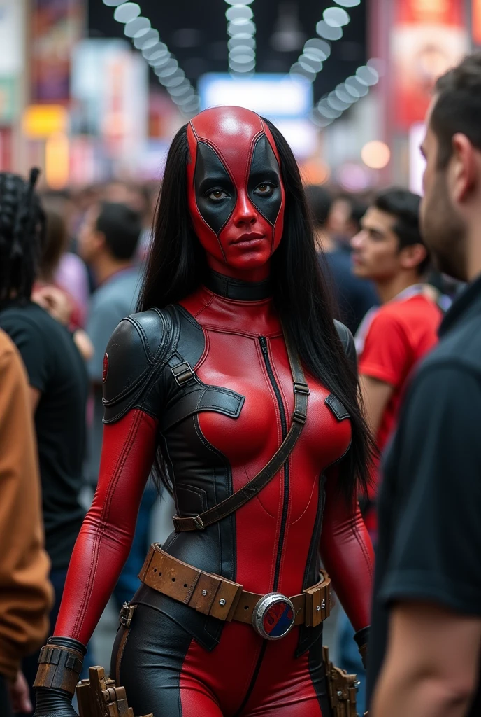 Black haired instagram influencer, dressed as Ladypool, at a comic convention, in the style of comicon photos, taking pictures with fans