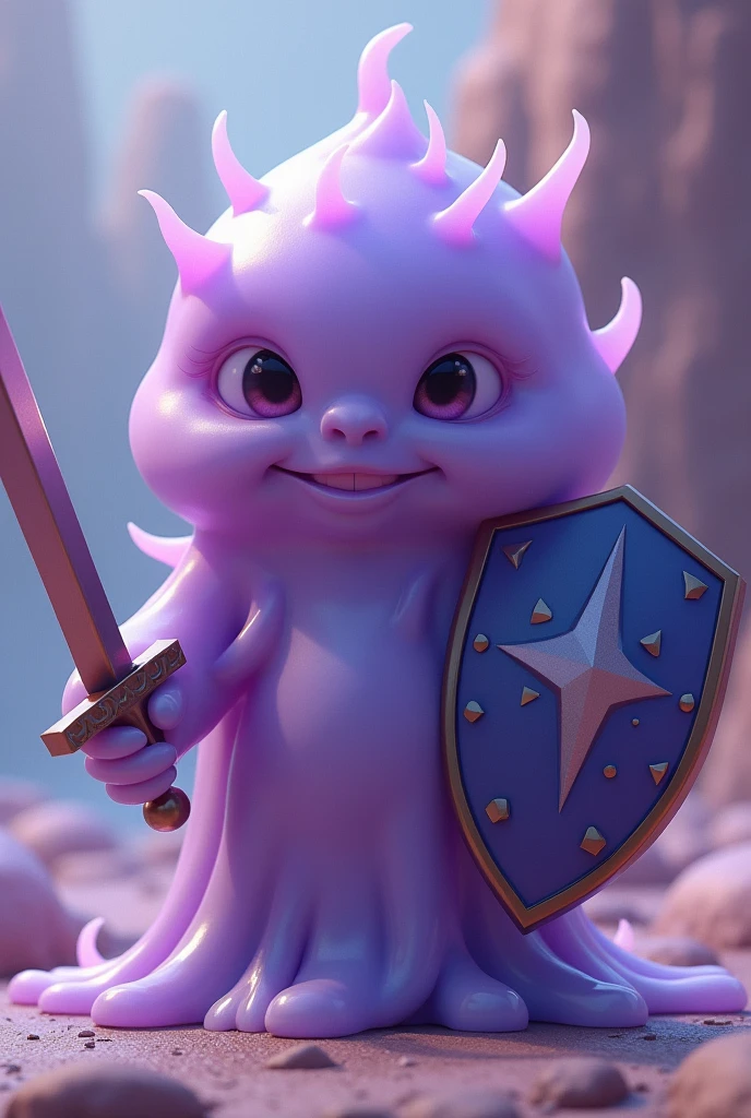 ((Highest quality)), ((masterpiece)), (detailed),Gel-like creatures、Purple、No limbs、Holds a hero&#39;s shield in one hand and a hero&#39;s sword in the other、Her face is cute