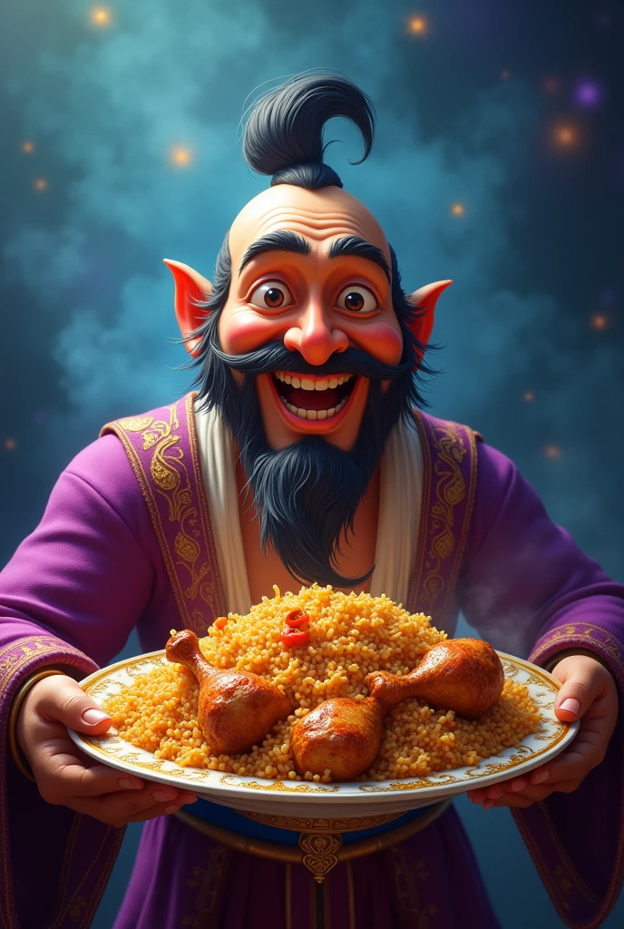Smiling Geni coming out from lamp holding biriyani with chicken leg pieces plate