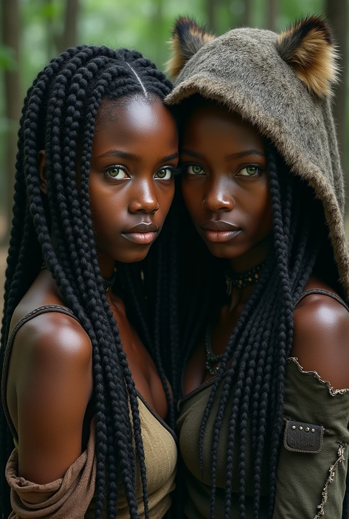 Only one
2 girl with really dark skin
Really dark skin
Green eyes
Long hair with African braids
Using a torn semi-transparent fabric to cover her breasts
Using a wolf's skin as a hood