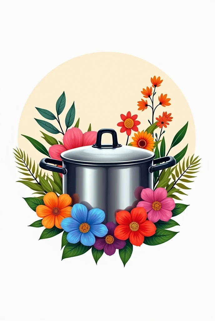 Colorful Flowers logo with stainless casserole logo at the middle part, for restaurant business