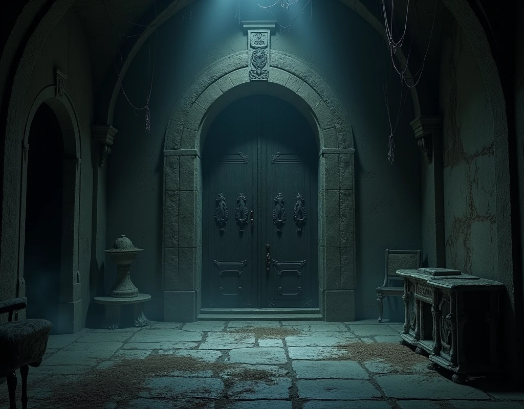 fantasy spooky room with far away closed door