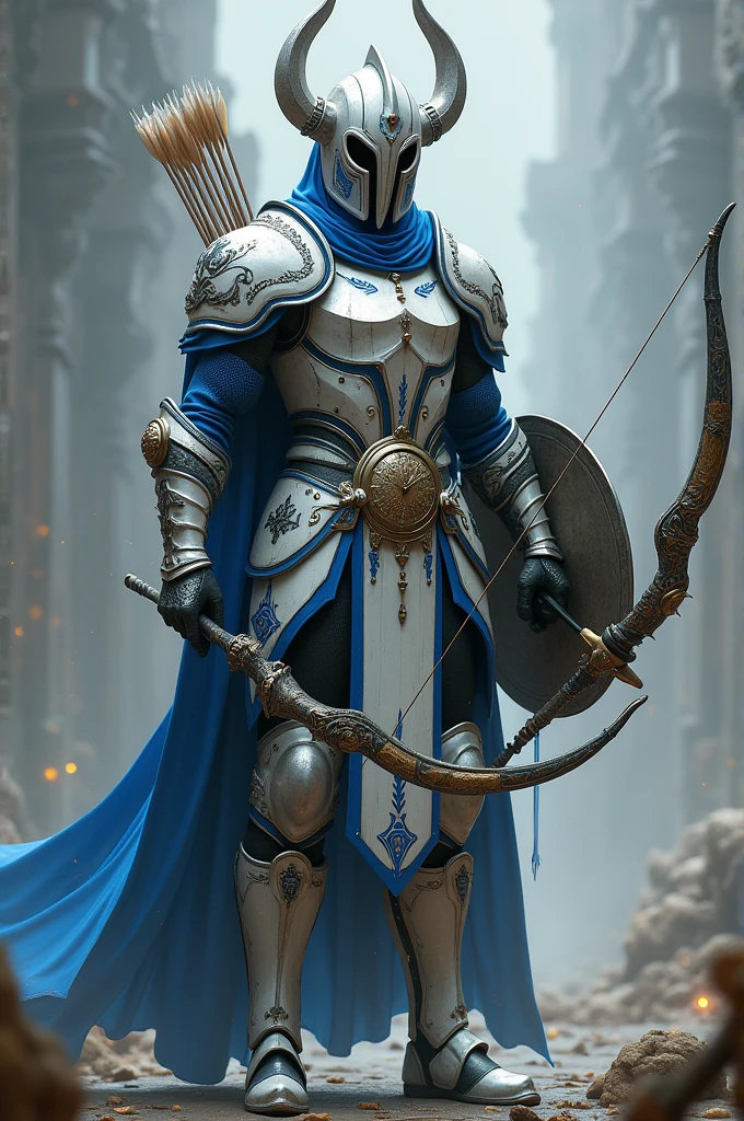 Personnage inspiré d'un seigneur de la balance avec une casque avec un symbole de la balance une armure avec des motifs bleu claire mélanger a du blanc avec des point noir avec un symbole de la balance déçu sont armure uj arc de métal argenté mélangé a du bleu est du blanc un sac a flèche deux bouclier qui sont sur s'est bras avec des motifs bleu claire avec du blanc mélangé a du noir avec le signe de la balance déçu un mélangé de blanc avec du bleu foncé est du noir avec une relique de la pendule déçu sont casque et un côté de combattant dangereux 