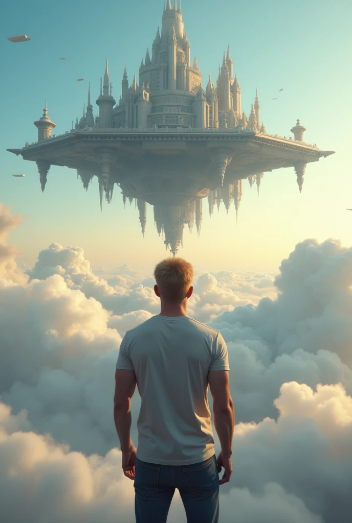 A cinematic medium shot of a athletic 46yr old man with strawberry-blonde hair wearing a t-shirt and jeans. Strong cinematic posture, back to the camera. He is standing knee-deep in clouds, between fluffy sunset clouds and looking at a magnificent fantasy city with intricate details. The city is floating in the air above the clouds, with small cylindrical objects flying around it. The background is a clear blue sky. The city has a heptagonal shape, with corner towers connected to the central part by galleries and passages. The city's design is gothick, strict yet graceful, combining futuristic and traditional architectural elements. It soars high in the sky in the air far away. The city has a fantasy look with a futuristic twist, and the flying towers serve as defense structures.
Hight contrast and ultra-detailed, ultrarealistic, 8k, HDR