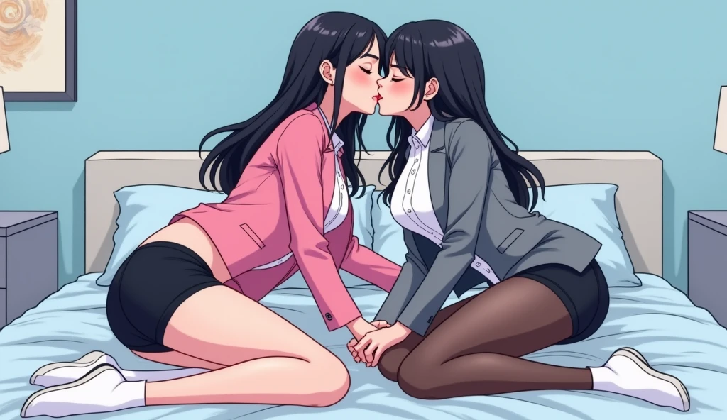 Two girls, long black hairs, yuri, lesbian.
The first girl wear a pink suit jacket, white shirt, black pencil skirt, black underpants, black tights, white socks.
The second girl wore a grey suit jacket, white shirt, black pencil skirt, black underpants, black tights, white socks.
french kiss, lesbian kiss, lying on the bed, straddle, insert one hand inside and touch the black underpants, insert finger to the pussy, closed eyes, light blue bedroom, novel cartoon, 4K, HD