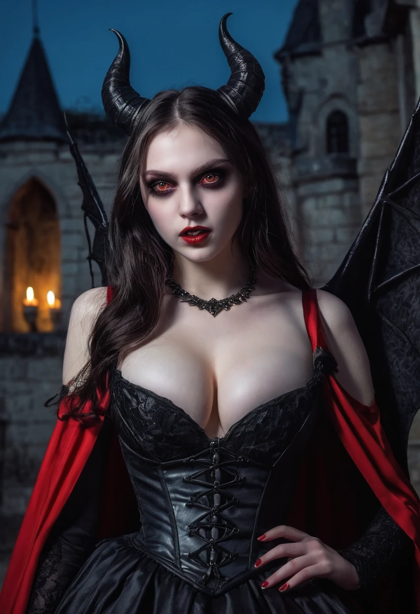 Very young girl, young girl, very young , Young lively teenl undergoing a transformation into an evil demonic Vampire, female, long dark hair, pasty pale ghastly skin, red eyes, vampire fans, very long canine teeth becoming fangs, elegant flowing renaissance era black dress, Romanian, dark castle, nighttime, moonlight, dimly lit, horror, threatening to bite you, bearing her fangs, huge leathery bat wings, close, very close, Vampire bite scene, long black obsidian horns, red-tinged skin, massive breast expansion, huge breast implants